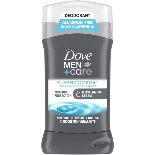 Dove Men+Care Deodorant Stick aluminum-free deodorant formula for 72H protection Clean Comfort with 1⁄4 moisturizing front package