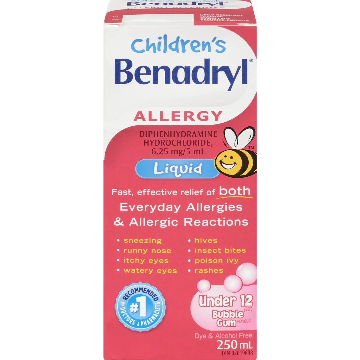 Benadryl Children's Liquid Allergy Medicine, Bubblegum front package