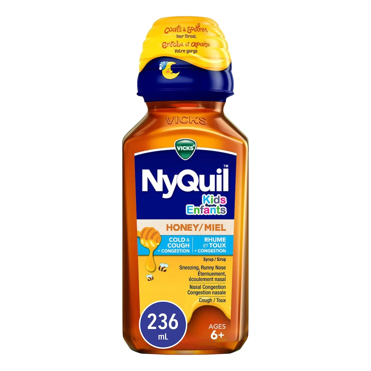 Vicks Kids NyQuil Honey Cold & Cough + Congestion Relief for Nighttime Sneezing front package