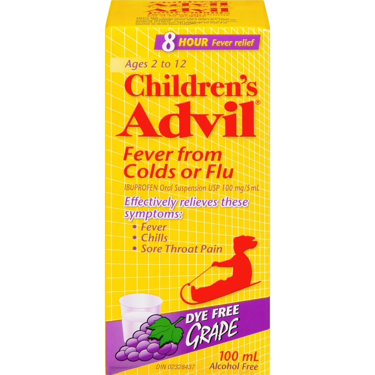 Advil Children's Fever From Colds or Flu Ibuprofen Oral Suspension USP 100 mg/5 mL Grape 100 mL front package
