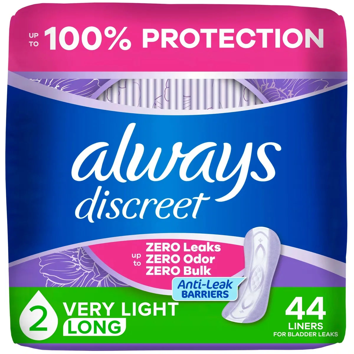Always Incontinence Panty Liners for Bladder Leaks, Size 2, Very Light Absorbency, Long Length, 44 Count front package