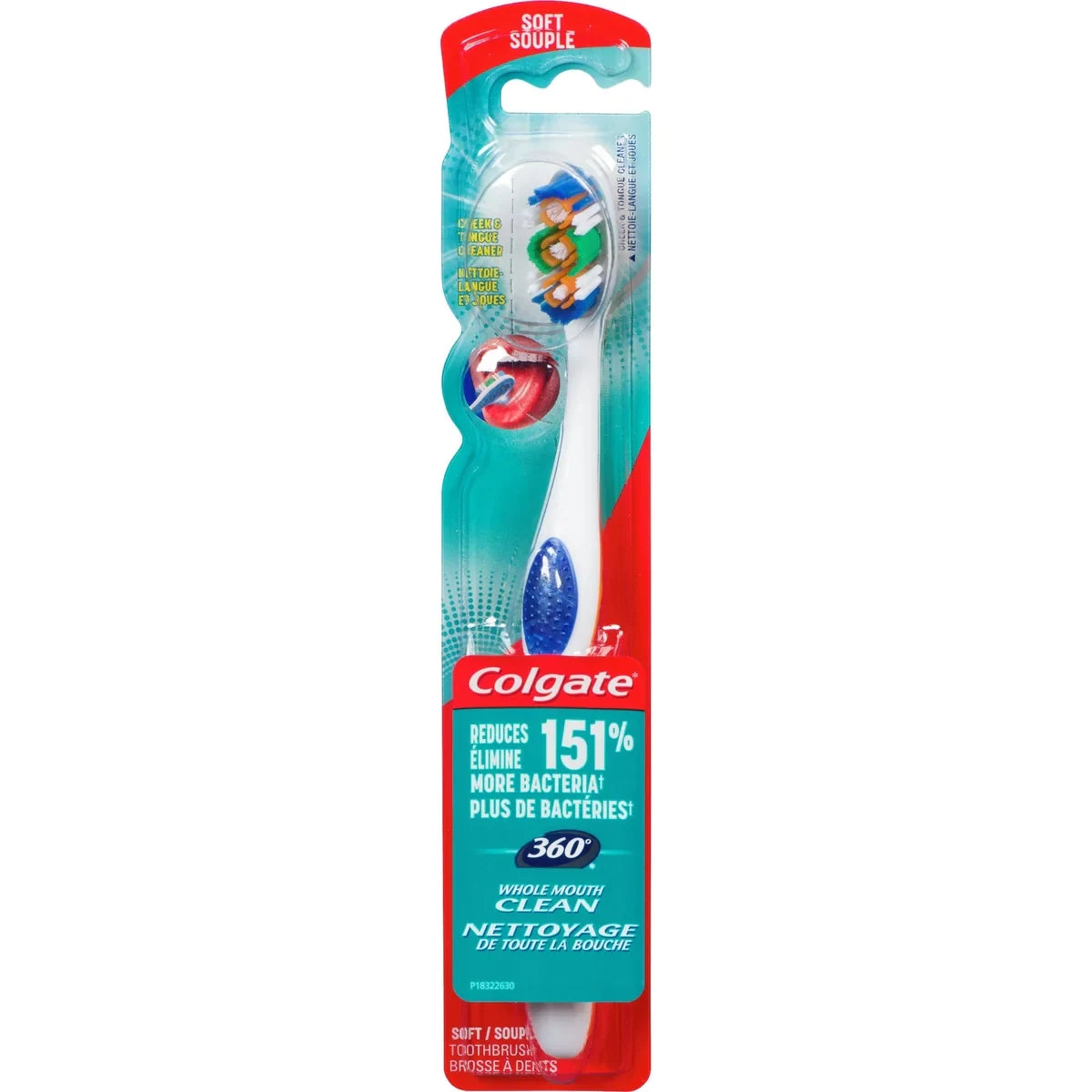 Colgate 360° Toothbrush with Tongue and Cheek Cleaner, Soft front package