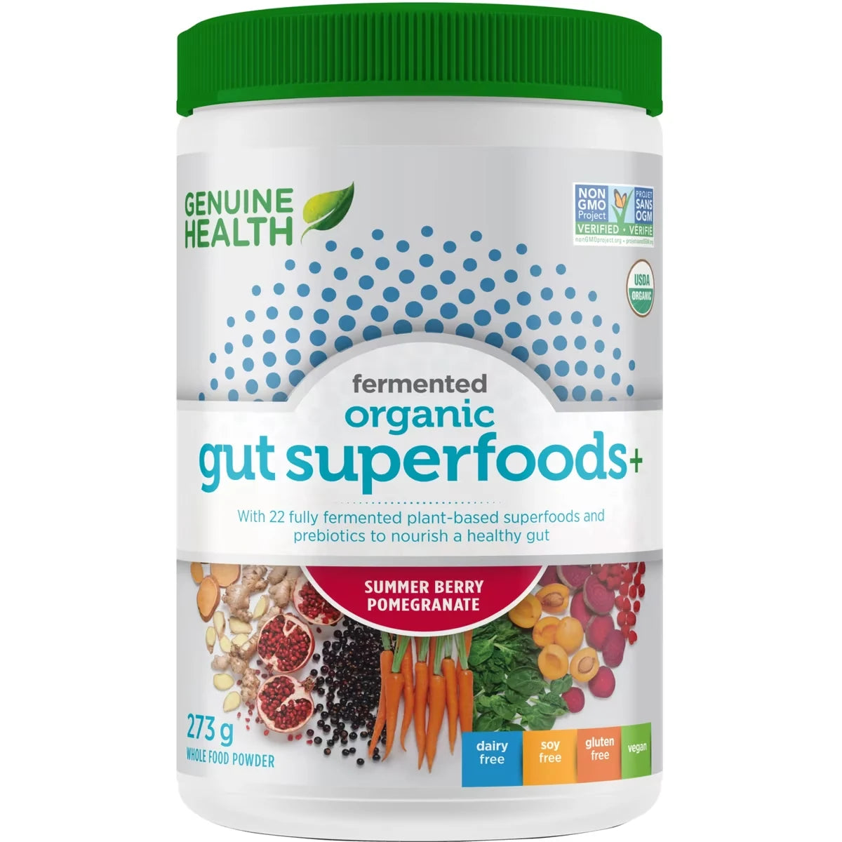 Genuine Health Fermented Organic Gut Superfoods+, Summer Berry Pomegranate Vegan Superfoods Powder front package