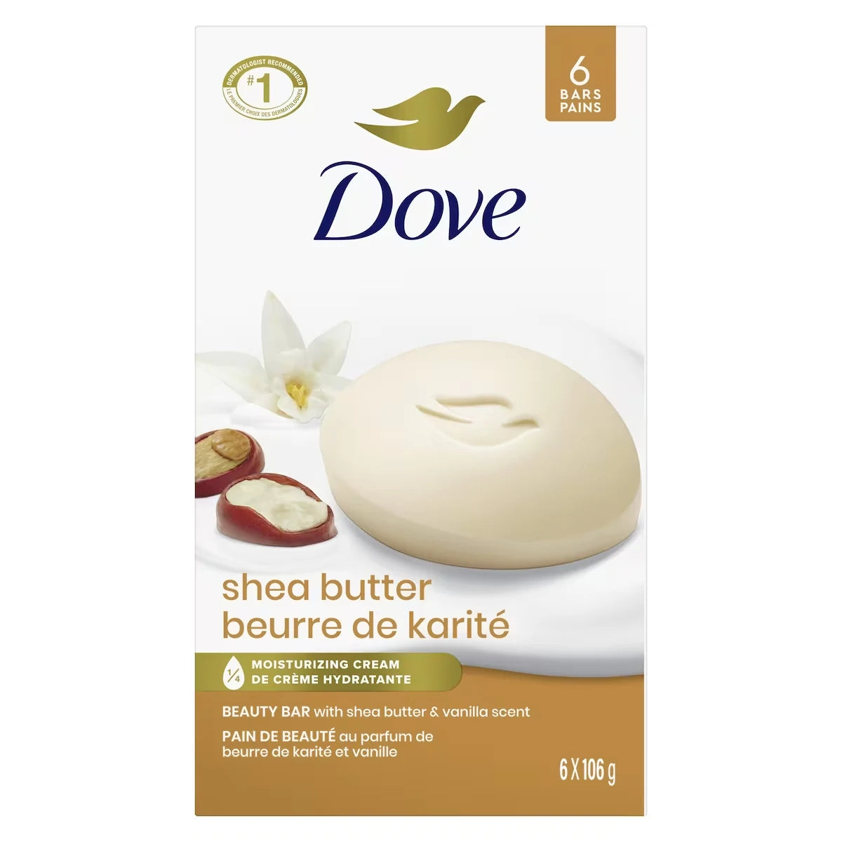 Dove Beauty Bar more moisturizing than bar soap Shea Butter for soft and pampered skin 106 g 6 count front package