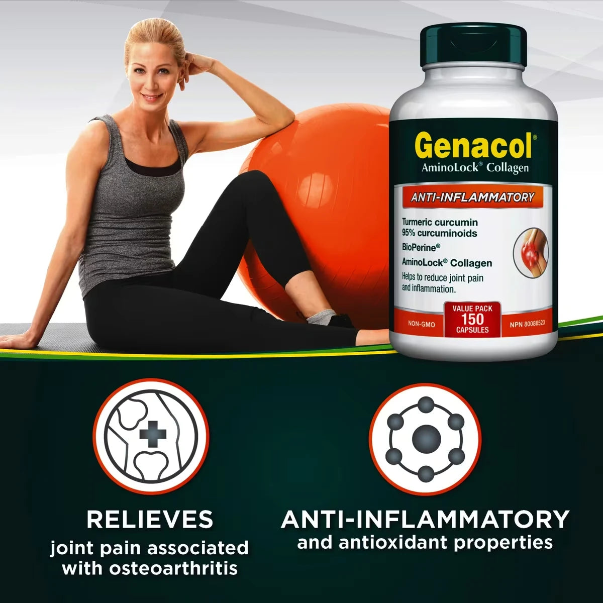 Genacol Anti-Inflammatory with AminoLock Collagen, Turmeric Curcumin and BioPerine product package