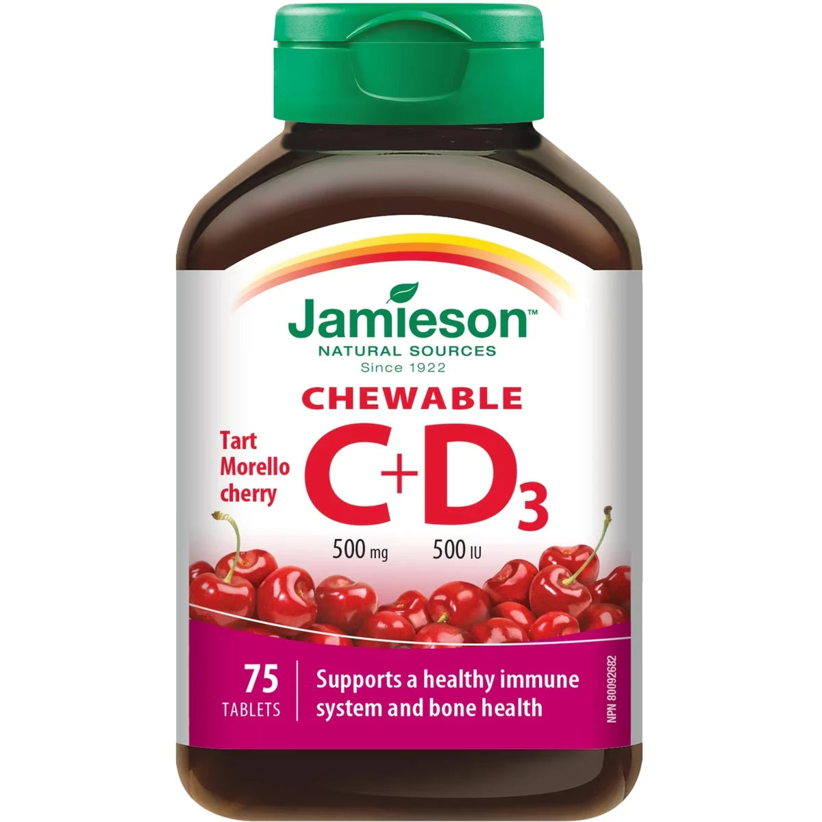 Jamieson Chewable Vitamin C D 500 IU Morello Cherry Tablets front package