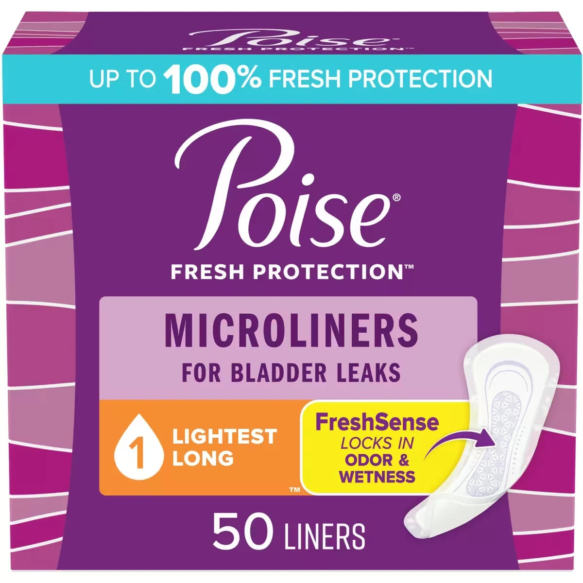 Poise Daily Microliners, Incontinence Panty Liners, 1 Drop Lightest Absorbency, Long Length front package