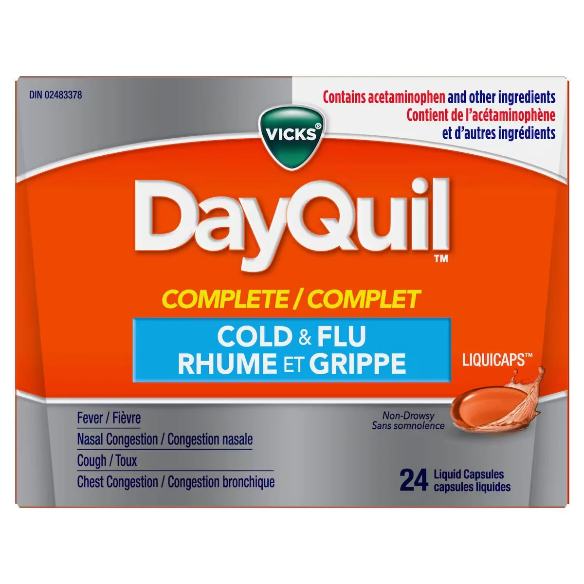 Vicks DayQuil COMPLETE Cold & Flu Daytime Relief, 24 LiquiCaps front package