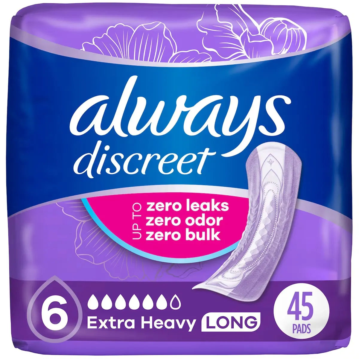 Always Incontinence Pads for Women and Postpartum Pads, Extra Heavy Long, up to 100% Bladder Leak Protection front package