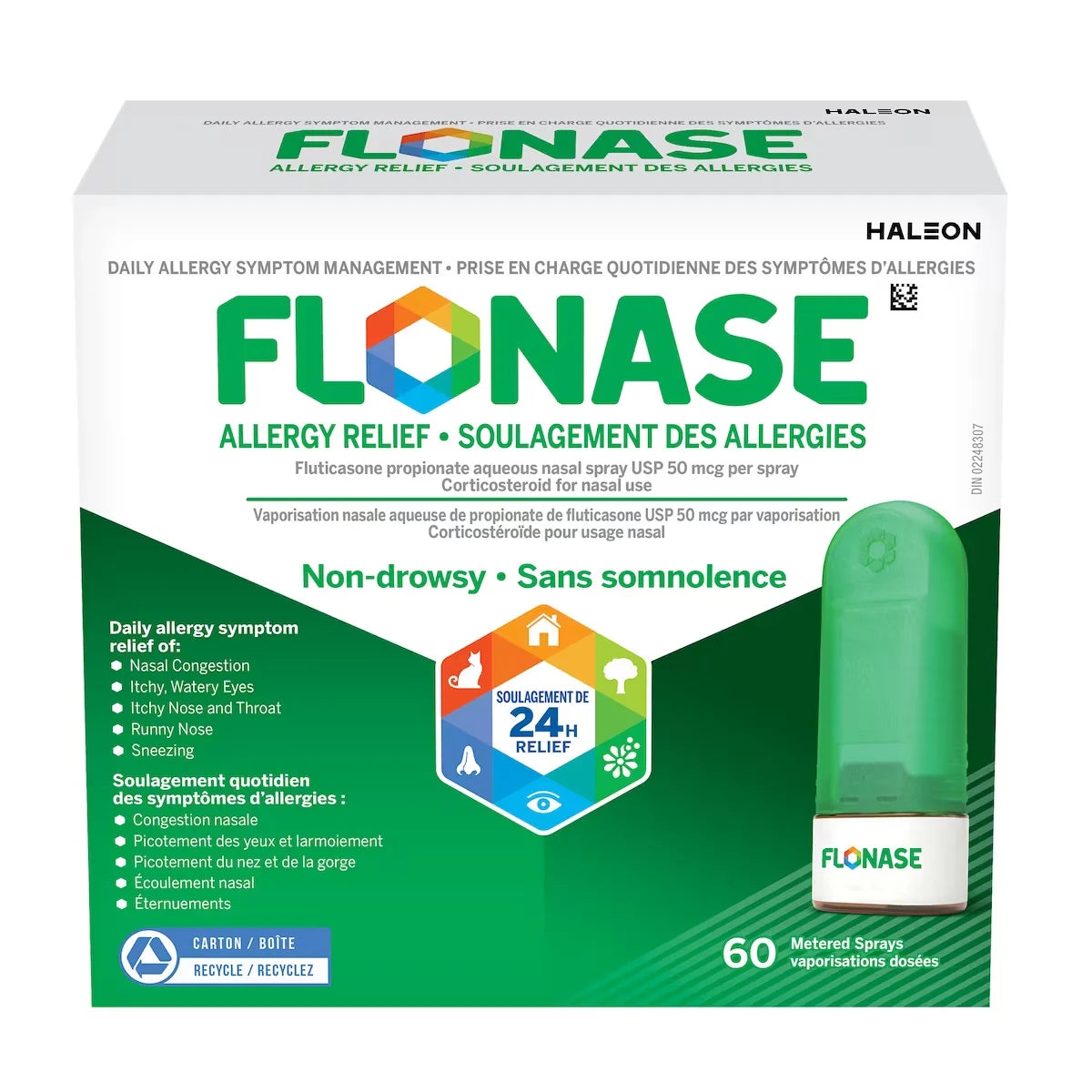 Flonase Allergy Nasal Spray, 24-Hour All-In-One Allergy Relief, Non-Drowsy, 60 Sprays product package