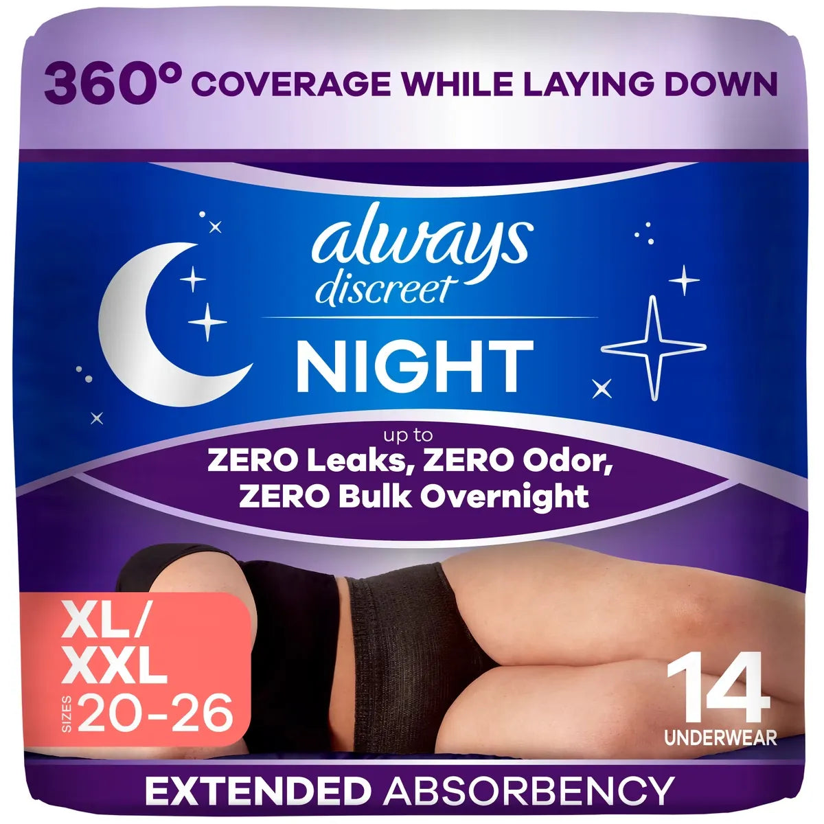 Always Night, Reimagined Adult Diapers for Women, Overnight Incontinence Underwear XL/XXL, 14 CT​ 14 count front package