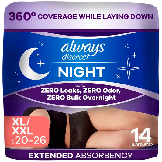 Always Night, Reimagined Adult Diapers for Women, Overnight Incontinence Underwear XL/XXL, 14 CT​ 14 count front package
