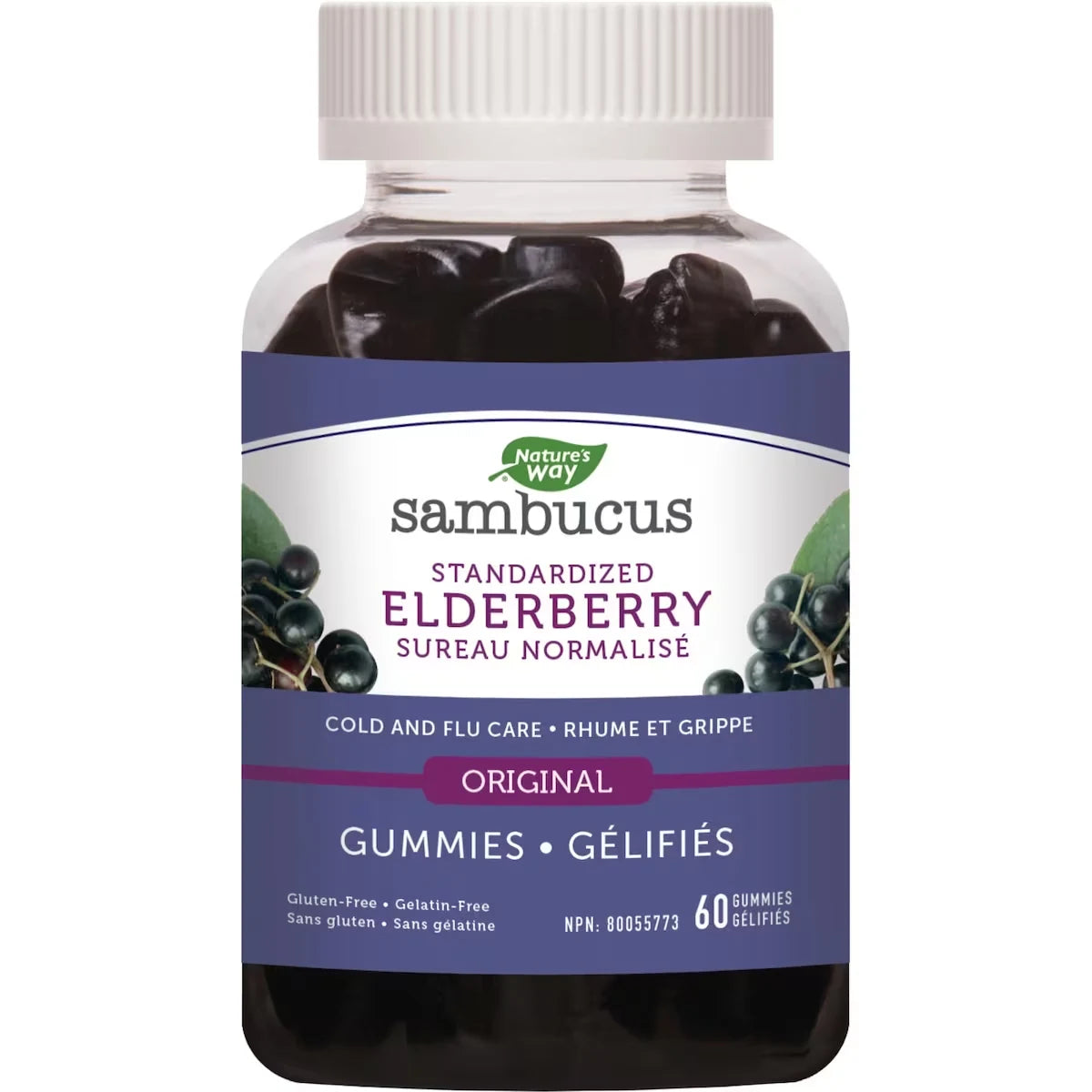 Nature's Way Sambucus Cold and Flu Care, Standardized Elderberry with Vitamin C & Zinc, Immune Support, 60 Gummies front package