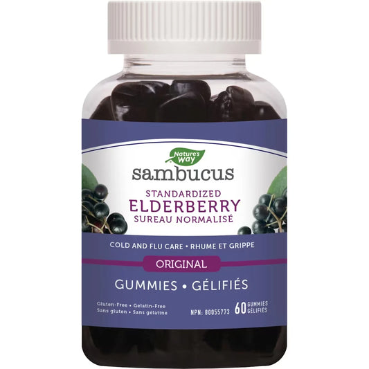 Nature's Way Sambucus Cold and Flu Care, Standardized Elderberry with Vitamin C & Zinc, Immune Support, 60 Gummies front package