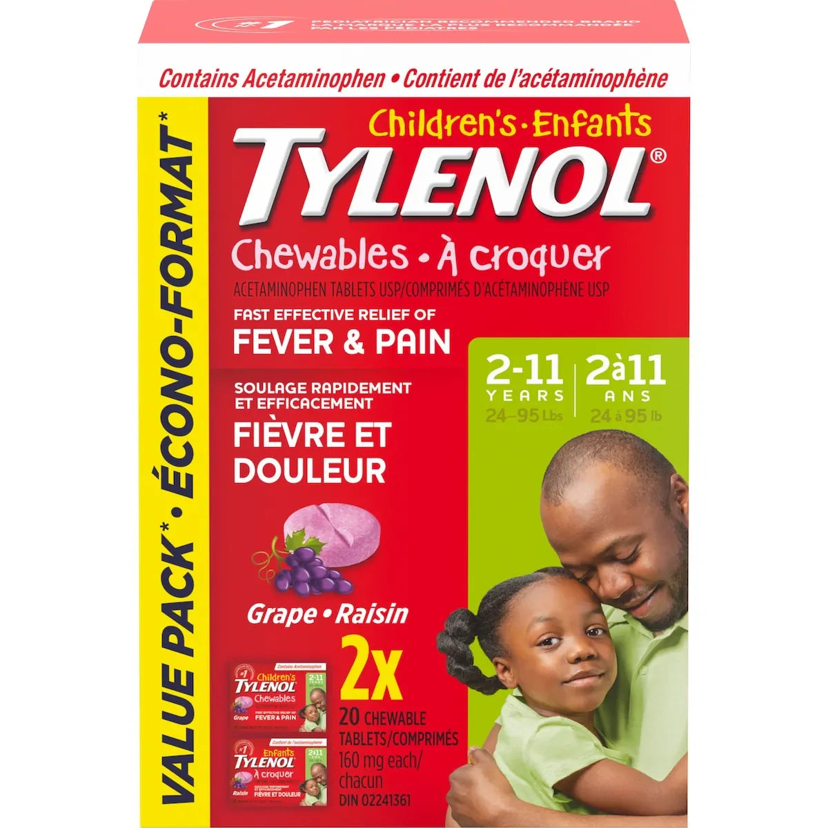 Tylenol Childrens Medicine, Fever Pain, Chewables, Grape front package