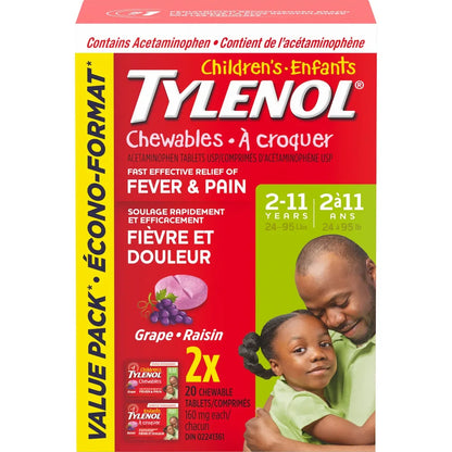 Tylenol Childrens Medicine, Fever Pain, Chewables, Grape front package