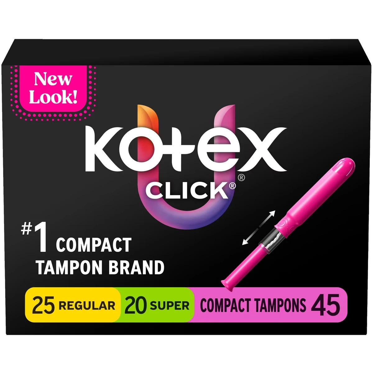 Kotex Click Compact Multipack Tampons, Regular/Super, 45 ct 45 count front package