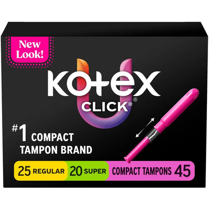 Kotex Click Compact Multipack Tampons, Regular/Super, 45 ct 45 count front package