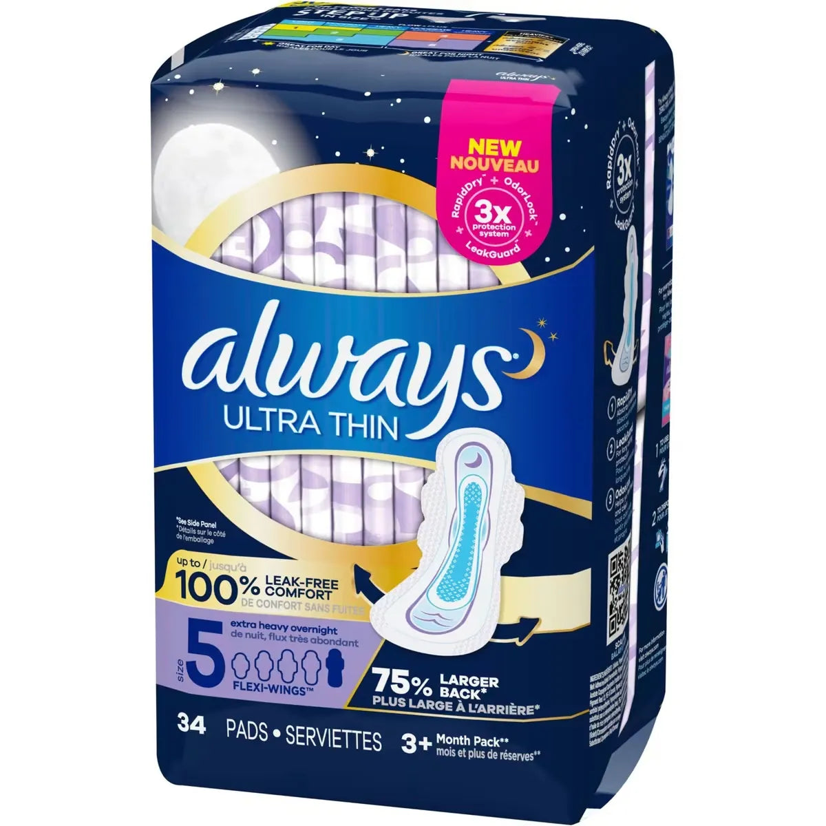 Always Ultra Thin Pads Size 5 Extra Heavy Overnight Absorbency Unscented with Wings, 34 Count front package