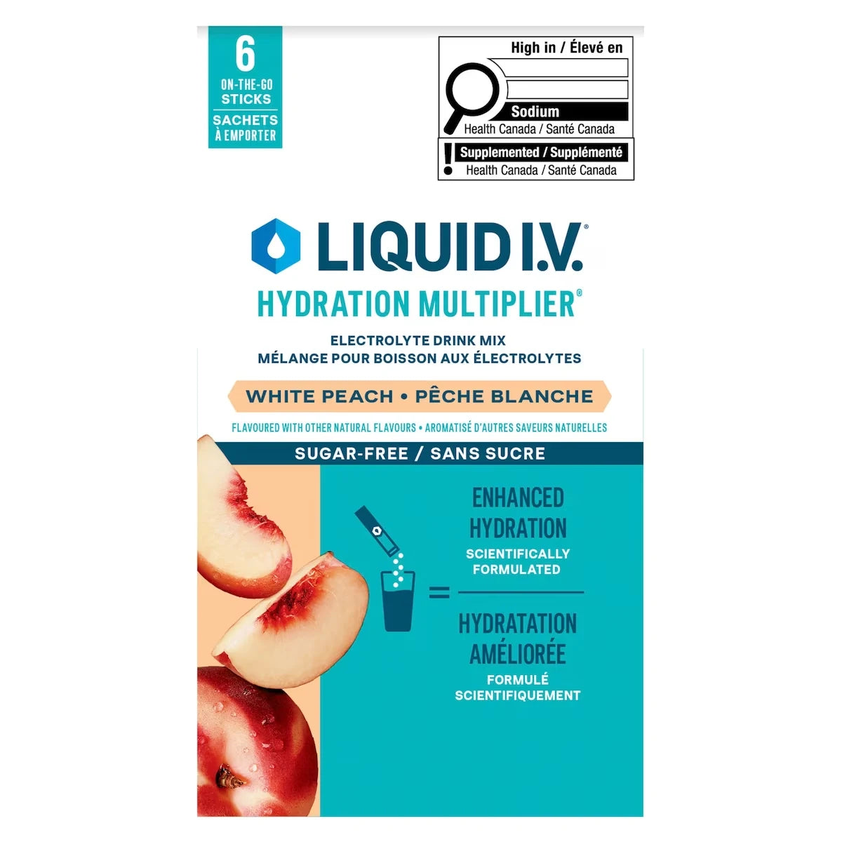 Liquid I.V Sugar-Free Electrolyte Drink Mix for enhanced hydration White Peach Hydration Multiplier with Vitamins, 60g front package