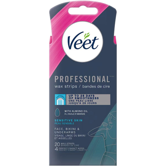 Veet ProfessionalTM Wax Strips, Face, Bikini & Underarm, For Sensitive Skin, with Almond Oil front package