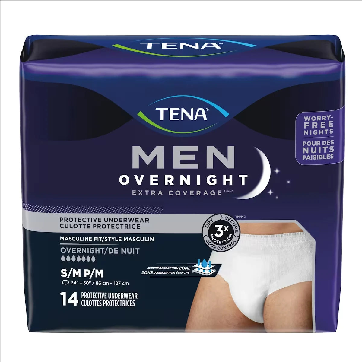 Tena Men Overnight Extra Coverage Incontinence Underwear, Small/Medium front package