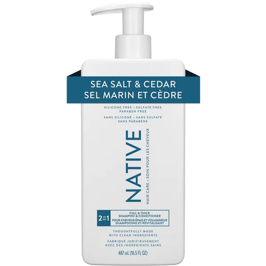 Native Full & Thick Sea Salt & Cedar 2-in-1 Shampoo, Sulfate & Paraben Free front package