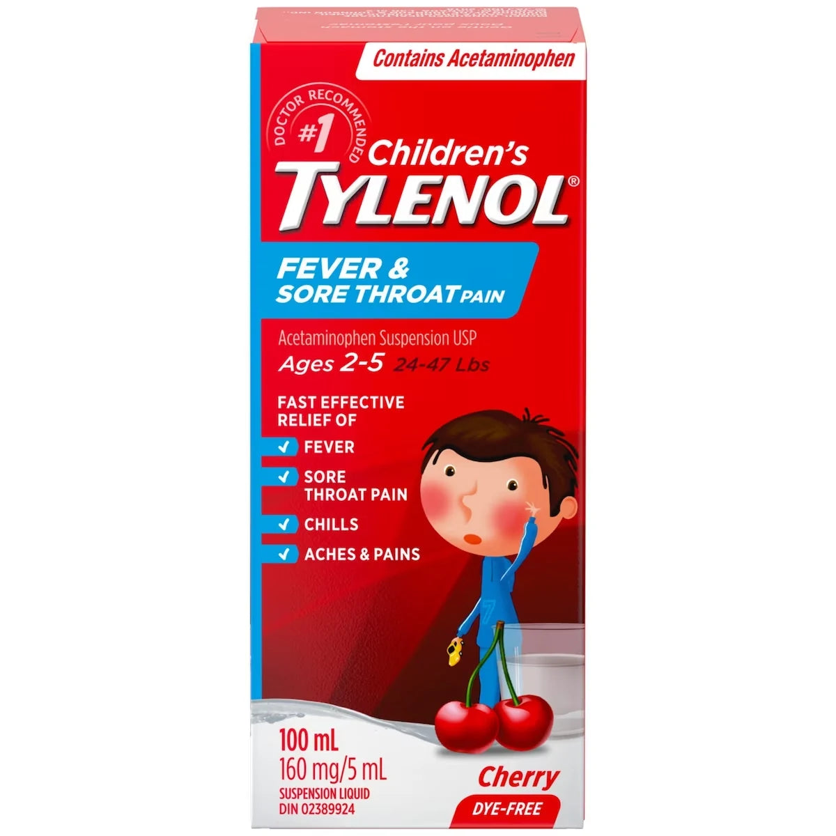Tylenol Children's Medicine Fever & Sore Throat Pain Liquid, Cherry front package