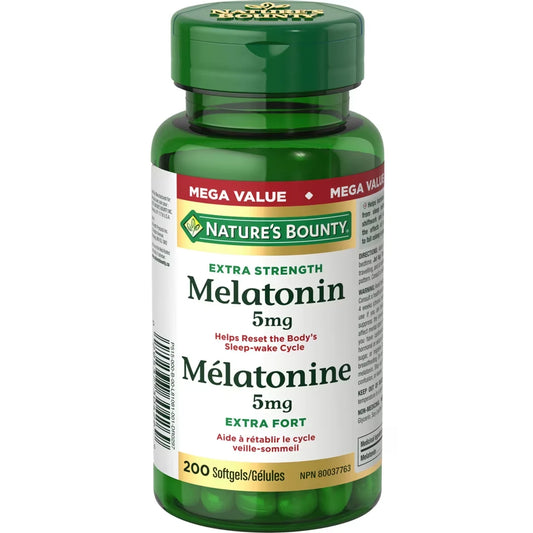 Natures Bounty Melatonin 5 Mg Helps Reset The Body's Sleep-Wake Cycle Value Sized 200 Softgels front package