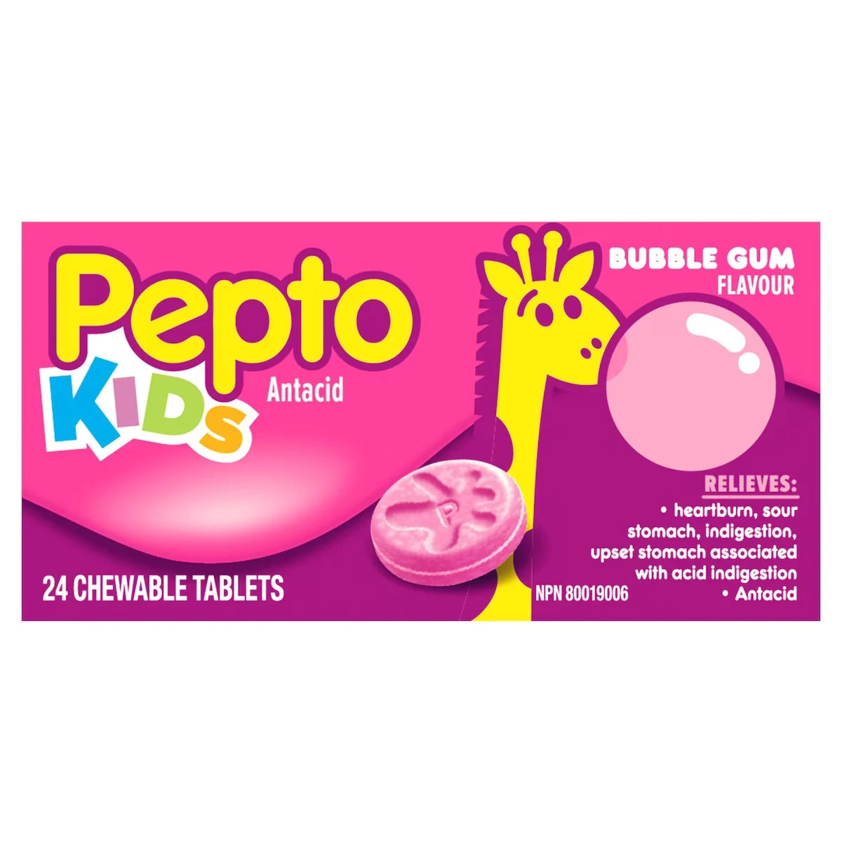 Pepto Bismol Kid's Bubblegum Flavor Chewables for Heartburn, Acid Indigestion, Upset Stomach, 24ct 24 count front package