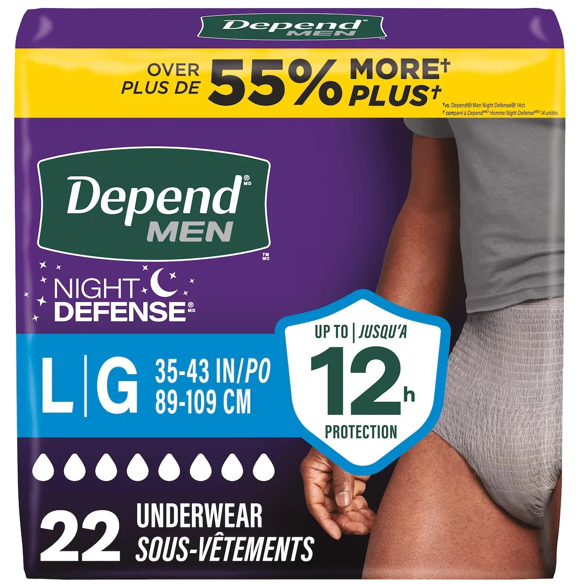 Depend Night Defense Adult Incontinence Underwear for Men, Disposable, Overnight, Large, Grey product package