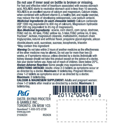 Rolaids Ultra Strength Antacid, Fruit Flavoured, 72ct, Fast Heartburn Relief 72 count front package