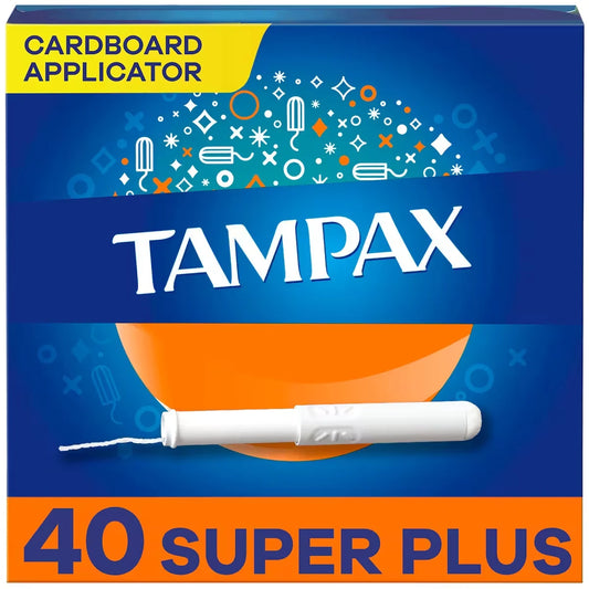 Tampax Cardboard Tampons Super Plus Absorbency, Anti-Slip Grip, LeakGuard Skirt, Unscented, 40 Count front package