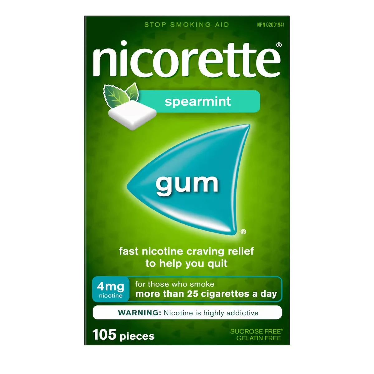 Nicorette Nicotine Gum, 4 mg, Spearmint front package