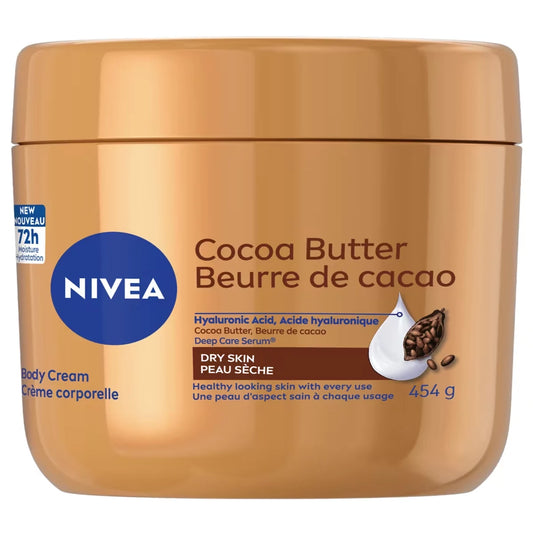 Nivea Cocoa Butter Moisturizing Body Cream with Hyaluronic Acid and Deep Care Serum, 454 g front package