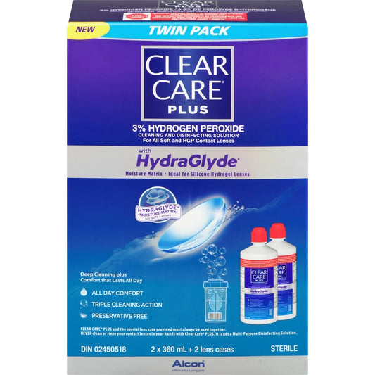 Clear Care PLUS with HydraGlyde Contact Lens Solution Twin Pack 720 mL front package