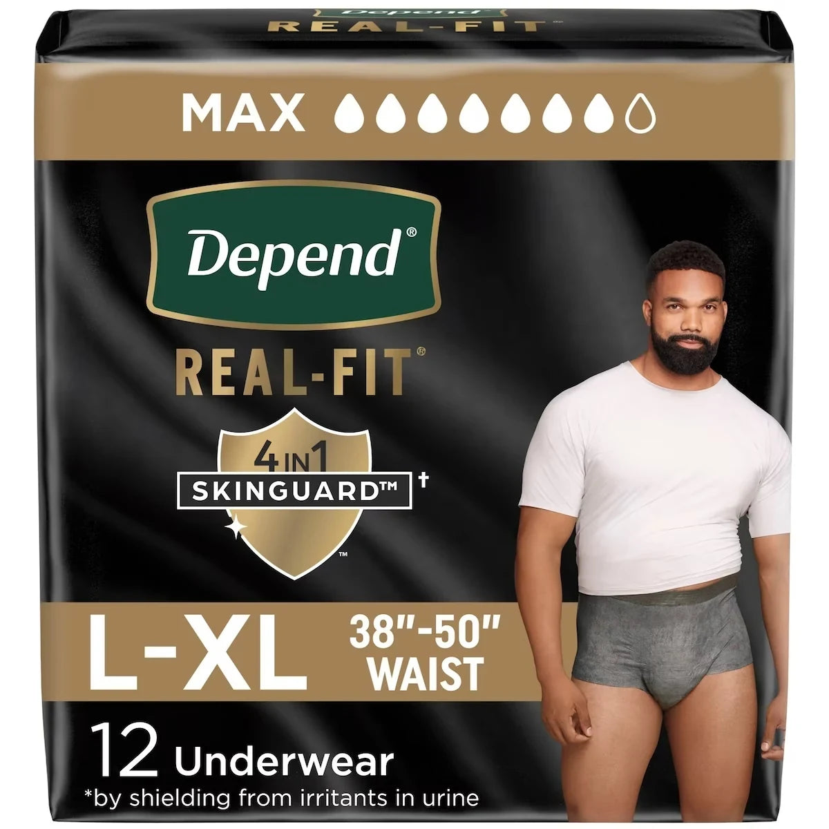 Depend Real Fit Incontinence Underwear for Men, Disposable, Maximum Absorbency, Large/Extra-Large, Black and Grey product package