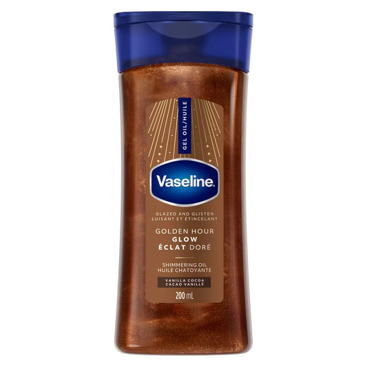 Vaseline Glazed and Glisten Golden Hour Glow Vanilla Cocoa Shimmering Body Gel Oil with Ultra-Hydrating Lipids, 200mL front package