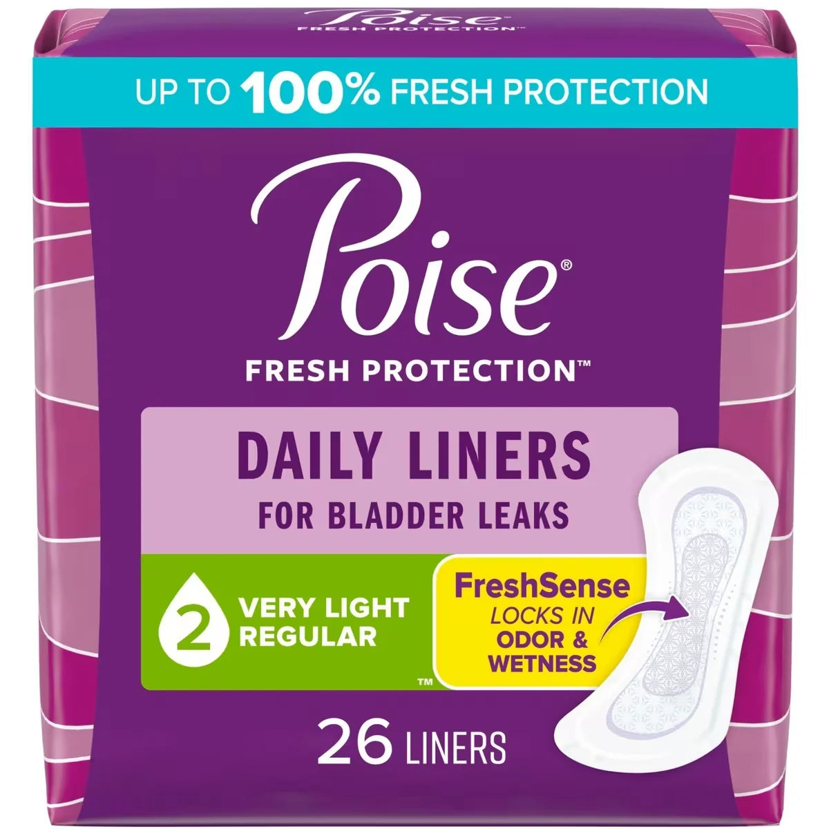 Poise Daily Incontinence Panty Liners, Very Light Absorbency, Regular front package