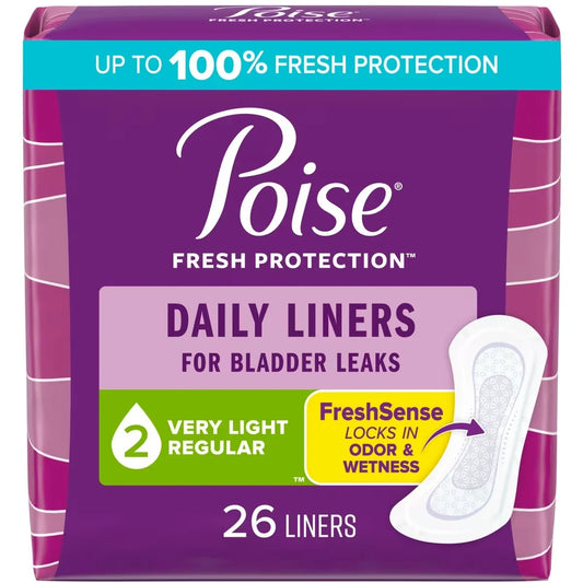 Poise Daily Incontinence Panty Liners, Very Light Absorbency, Regular front package