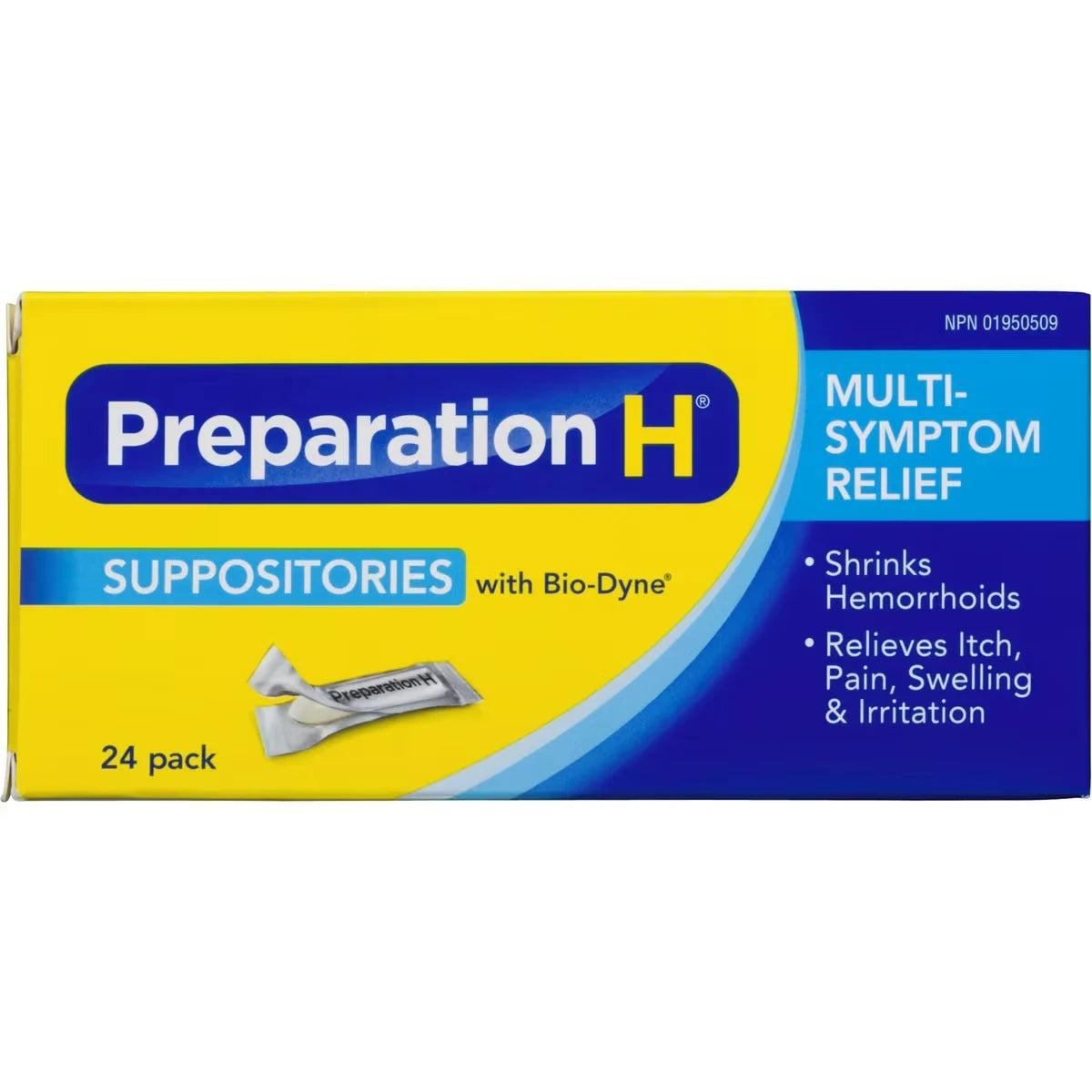 Preparation H Multi-Symptom Hemorrhoid Treatment Suppositories With Bio-Dyne, 24-Count front package