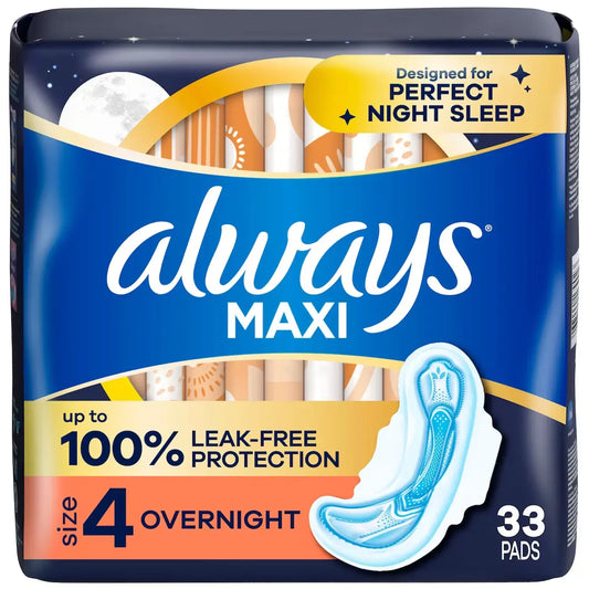 Always Maxi Overnight Pads with Wings for Women, Size 4, Overnight Absorbency, Unscented 33 Count front package