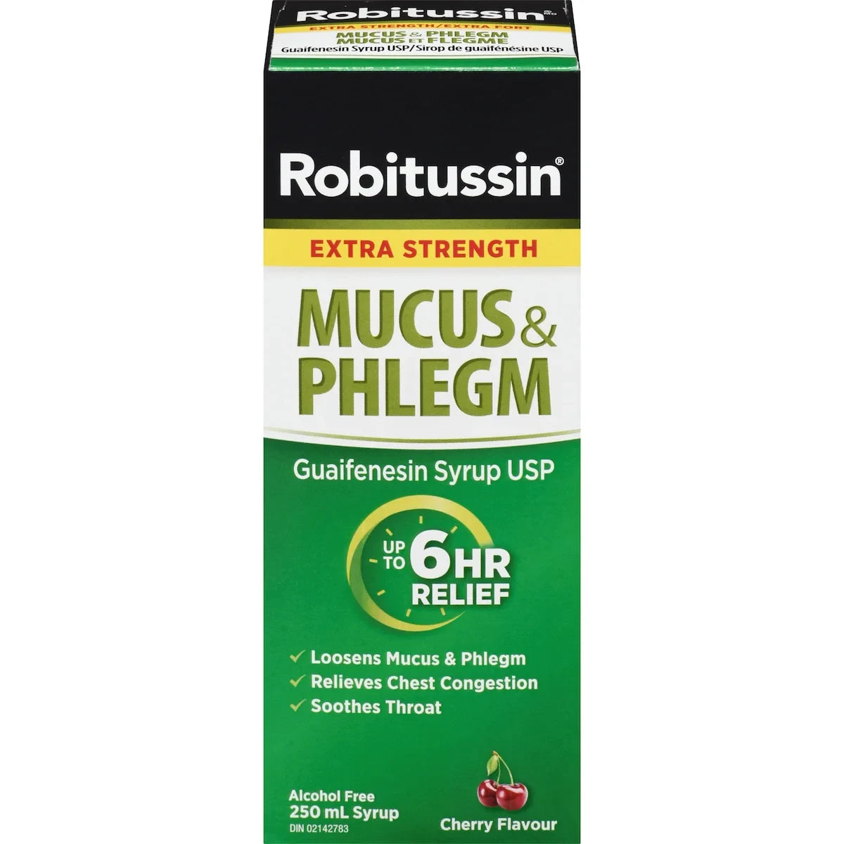 Robitussin Mucus & Phlegm Syrup Cherry Flavour Extra Strength 250 ml front package