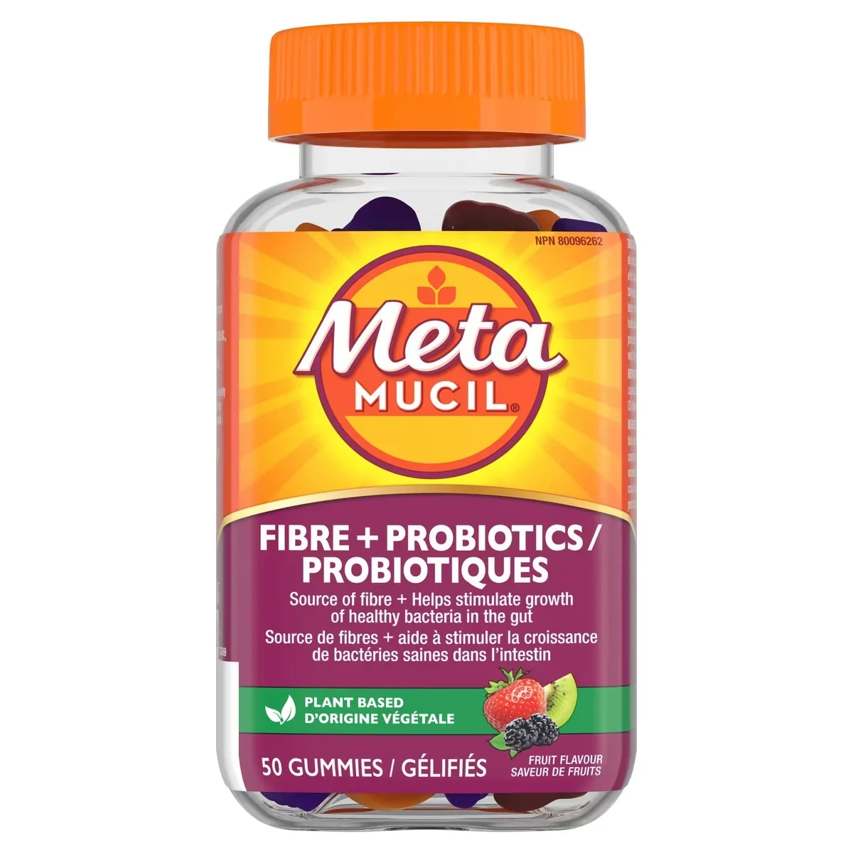 Metamucil Fibre + Probiotics Gummy Supplement for Digestive Health, Plant Based, Fruit Flavored, 50 Gummies product package