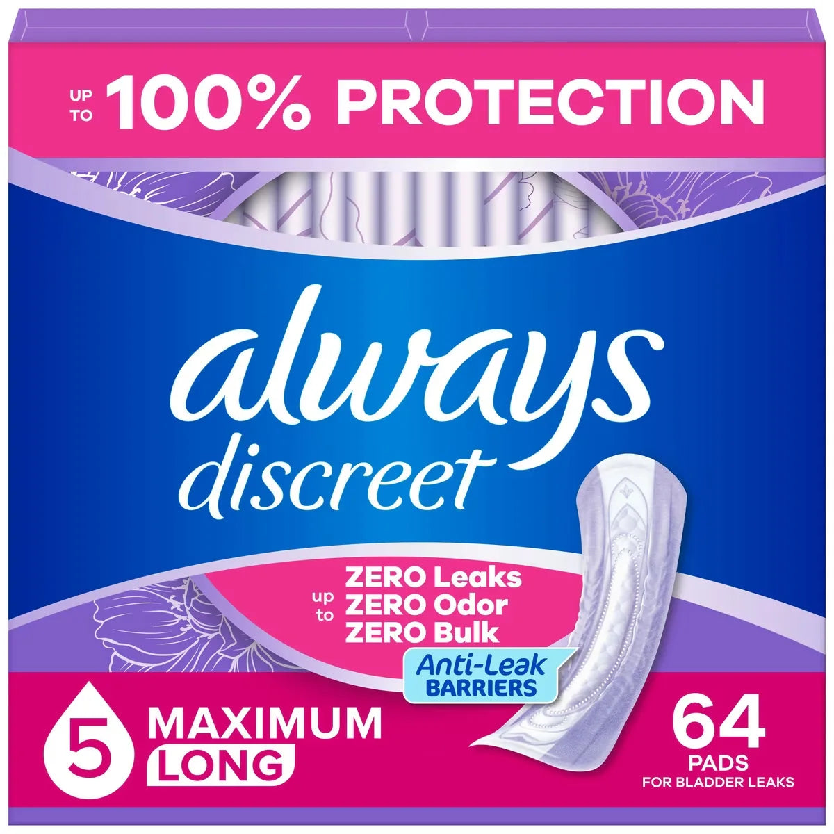 Always Adult Incontinence Pads for Women, Maximum Absorbency, Long Length, Postpartum Pads, 64 CT 64 count front package