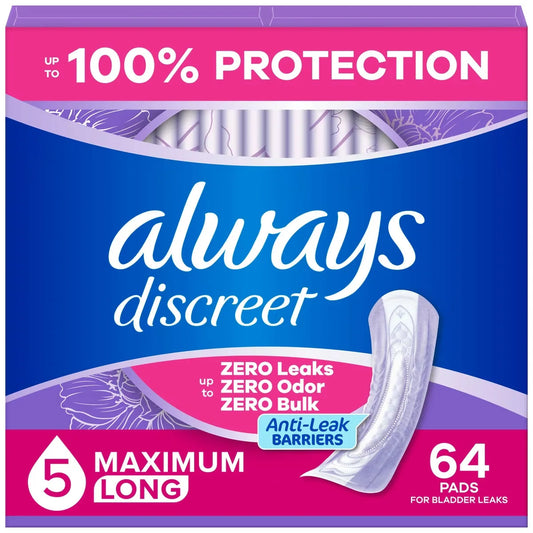 Always Adult Incontinence Pads for Women, Maximum Absorbency, Long Length, Postpartum Pads, 64 CT 64 count front package