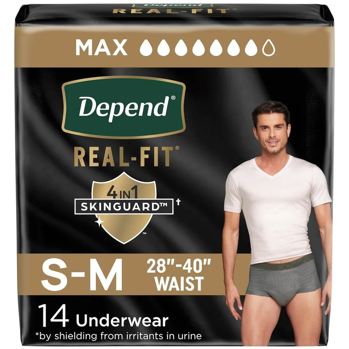 Depend Real Fit Incontinence Underwear for Men, Disposable, Maximum Absorbency, Small/Medium, Black and Grey product package