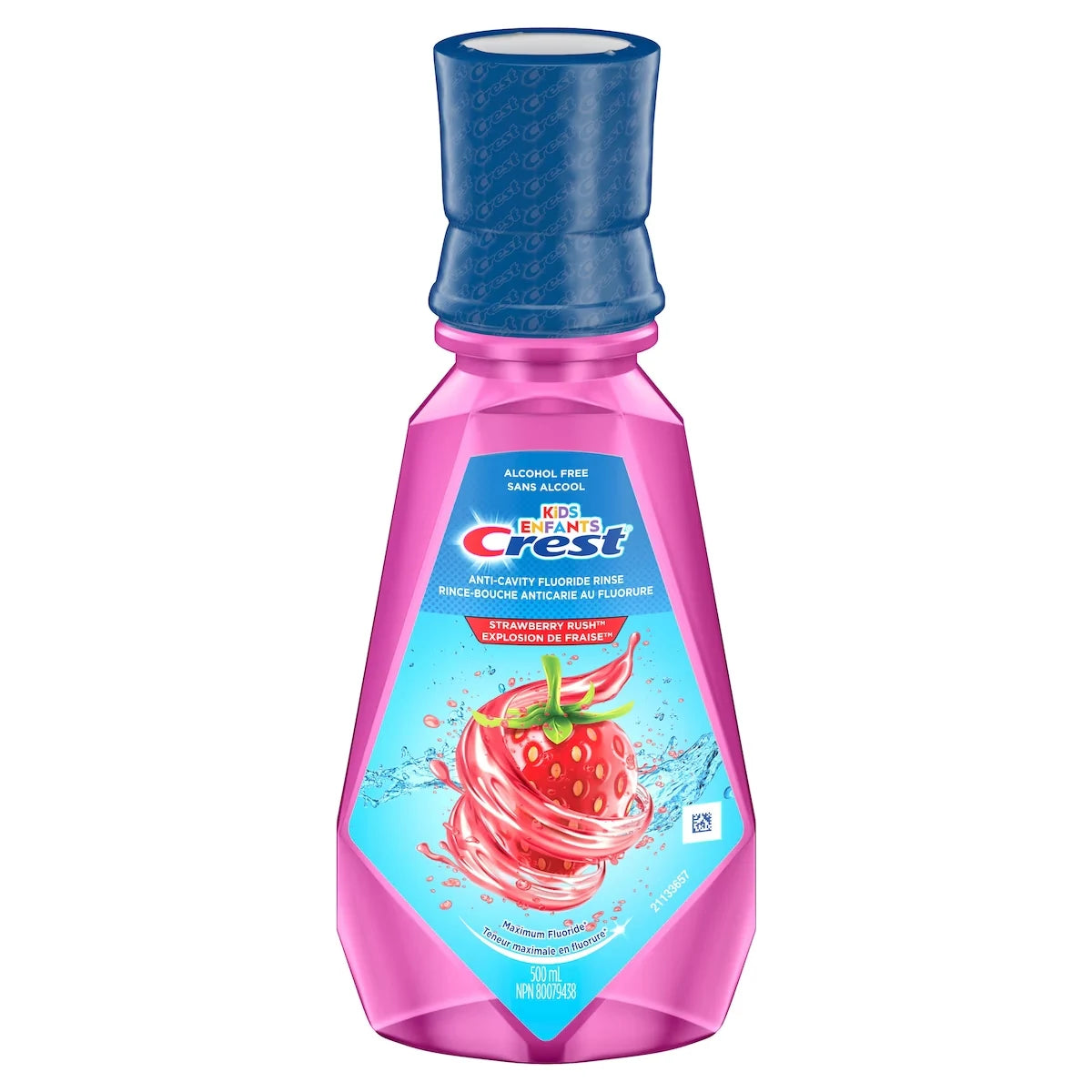 Crest Kid's Anticavity Alcohol Free Fluoride Rinse, Strawberry Rush, 500 ml front package