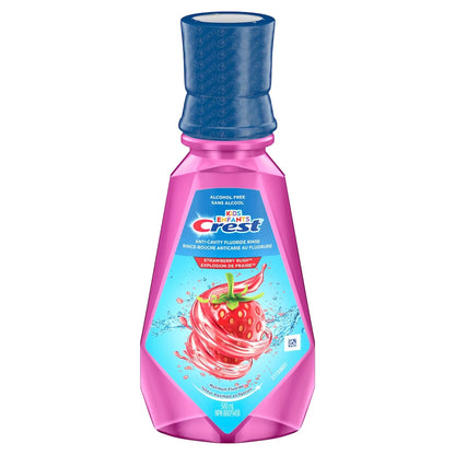 Crest Kid's Anticavity Alcohol Free Fluoride Rinse, Strawberry Rush, 500 ml front package