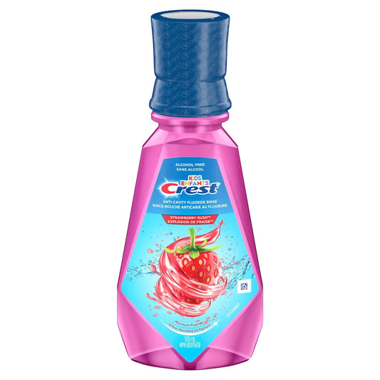 Crest Kid's Anticavity Alcohol Free Fluoride Rinse, Strawberry Rush, 500 ml front package
